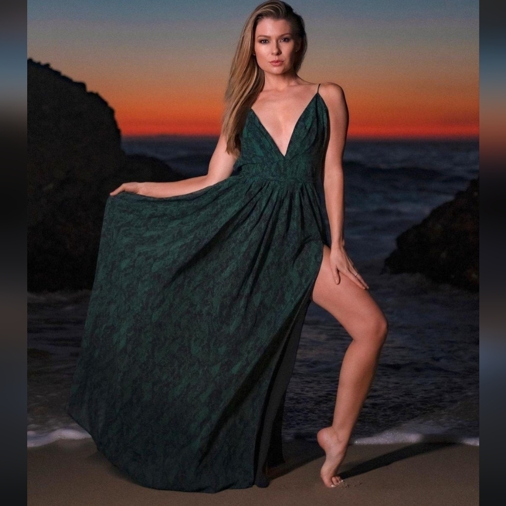 Michael Costello x Revolve Gillian Maxi Dress with side slit Green snake print